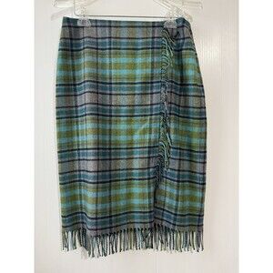 J Jill Wool Blend Tartan Plaid Fringe Wrap Knee Length Skirt Size 8